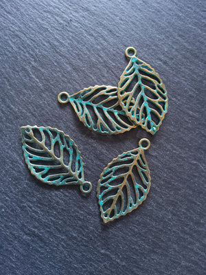 4 or 20 Antique Bronze Leaf Charms with Green Patina 49x27x2mm Nickel FREE