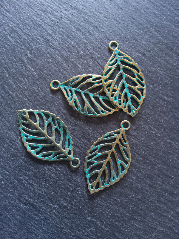 4 or 20 Antique Bronze Leaf Charms with Green Patina 49x27x2mm Nickel FREE