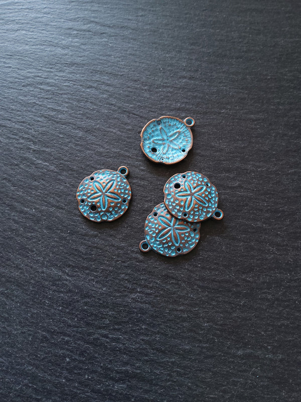 8 or 40 Antique Copper Sand Dollar Charms with Blue Patina 25x21mm