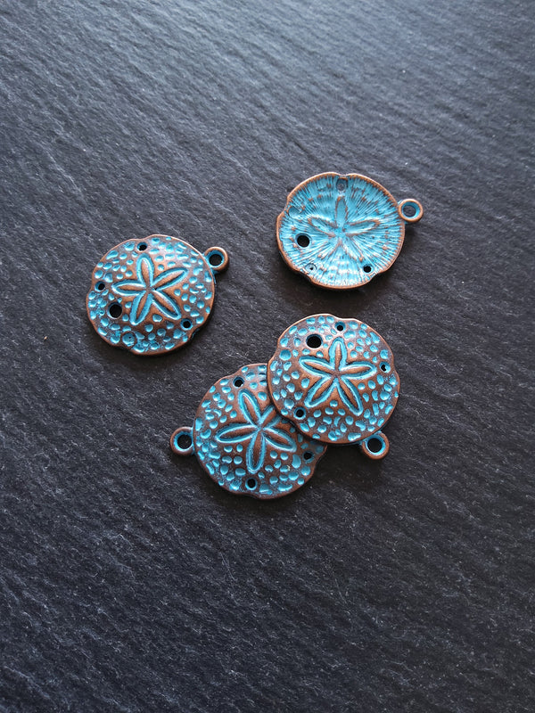 8 or 40 Antique Copper Sand Dollar Charms with Blue Patina 25x21mm