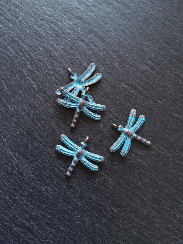 4 or 20 Antique Copper Dragonfly Charms with Blue Patina 28x25mm