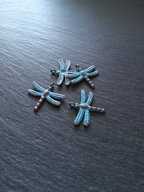 4 or 20 Antique Copper Dragonfly Charms with Blue Patina 28x25mm