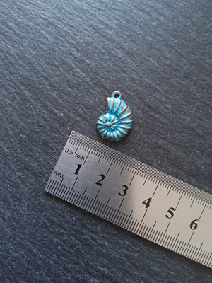 8 or 40 Antique Copper Ammonite Shell Charms with Blue Patina 21x15mm