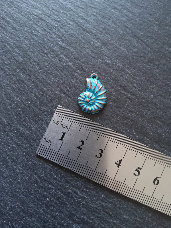 8 or 40 Antique Copper Ammonite Shell Charms with Blue Patina 21x15mm