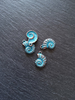 8 or 40 Antique Copper Ammonite Shell Charms with Blue Patina 21x15mm