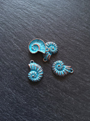 8 or 40 Antique Copper Ammonite Shell Charms with Blue Patina 21x15mm