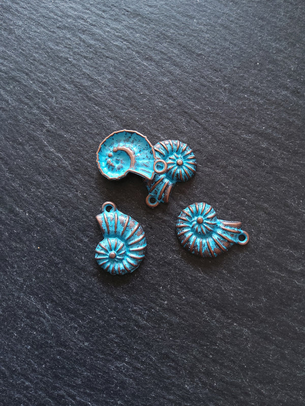 8 or 40 Antique Copper Ammonite Shell Charms with Blue Patina 21x15mm