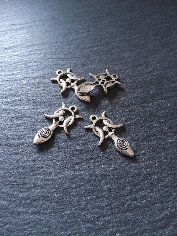 6 or 30 Triple Moon Spiral Goddess Charms Silver Tone Alloy 27x17mm