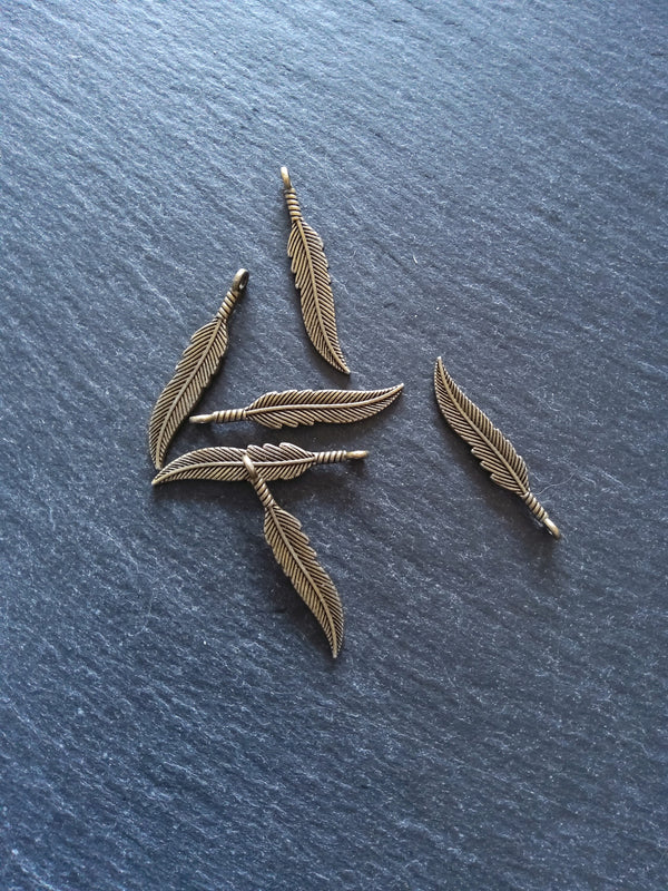 10 or 50 Antique Bronze Tone Feather Charms 37x7x1.8mm Nickel FREE