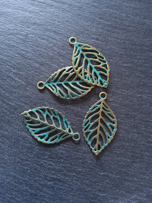 4 or 20 Antique Bronze Leaf Charms with Green Patina 49x27x2mm Nickel FREE