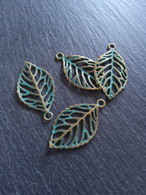 4 or 20 Antique Bronze Leaf Charms with Green Patina 49x27x2mm Nickel FREE