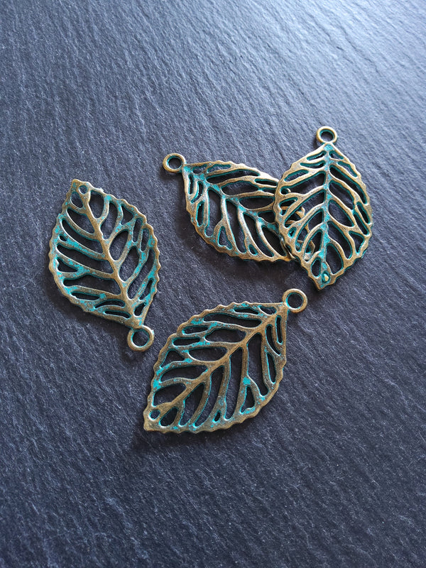 4 or 20 Antique Bronze Leaf Charms with Green Patina 49x27x2mm Nickel FREE