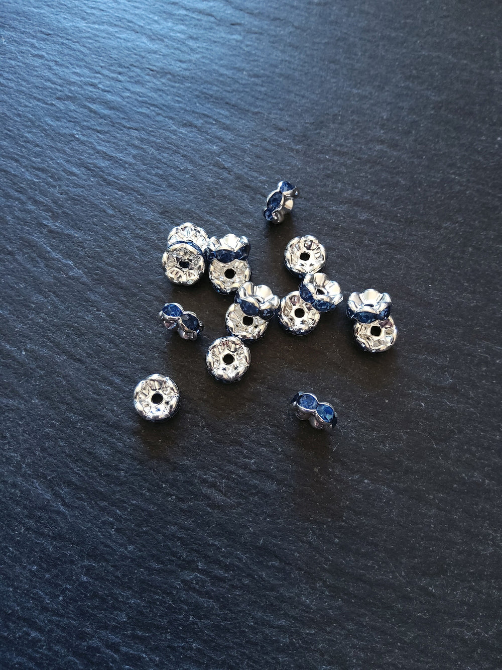 8 or 40 Silver Plated Wavy Edge 8mm Spacer Beads with Sapphire Blue Rhinestones 8x4mm Nickel Free