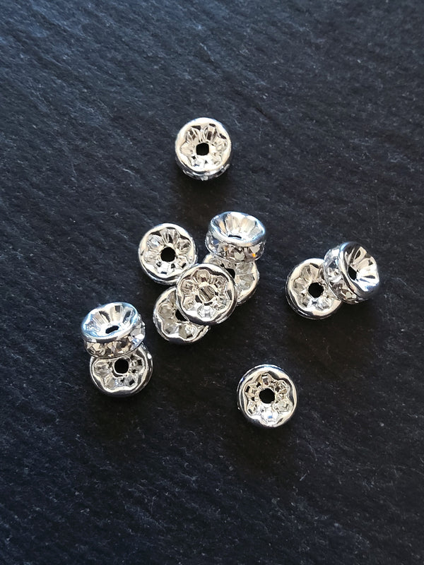 10 or 50 Silver Plated 8mm Clear Rhinestone Straight Edge Spacer Beads 8x3.8mm Nickel FREE