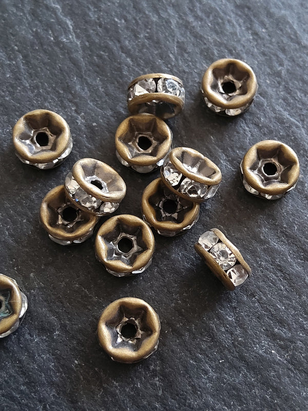 10 or 50 Antique Bronze 6mm Clear Rhinestone Straight Edge Spacer Beads 6x3mm Nickel FREE