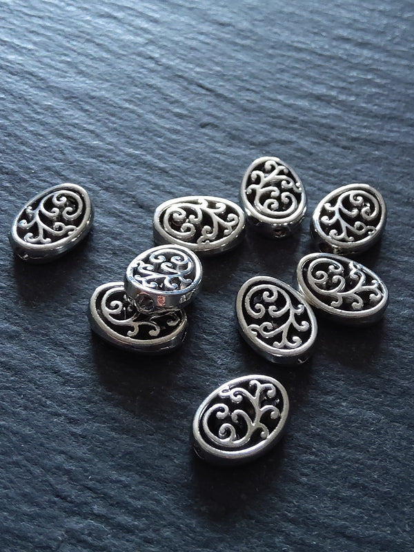 10 or 50 Flattened Oval Beads Antique Silver Tone 12x10mm 3.5mm Wide