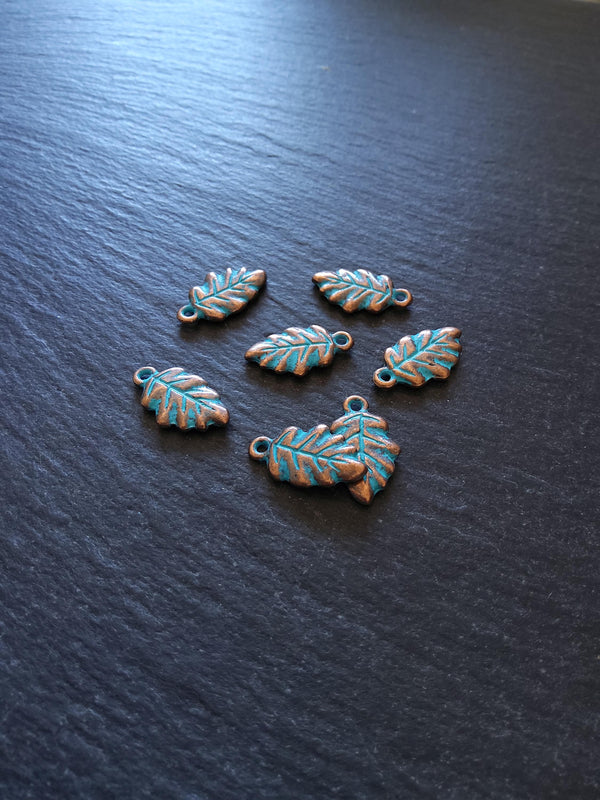 6 or 30 Little Leaf Charms Copper Tone Alloy with Blue Patina 19x11x2mm
