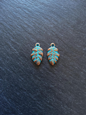 6 or 30 Little Leaf Charms Copper Tone Alloy with Blue Patina 19x11x2mm