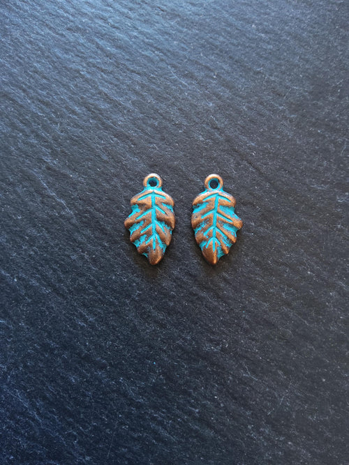 6 or 30 Little Leaf Charms Copper Tone Alloy with Blue Patina 19x11x2mm