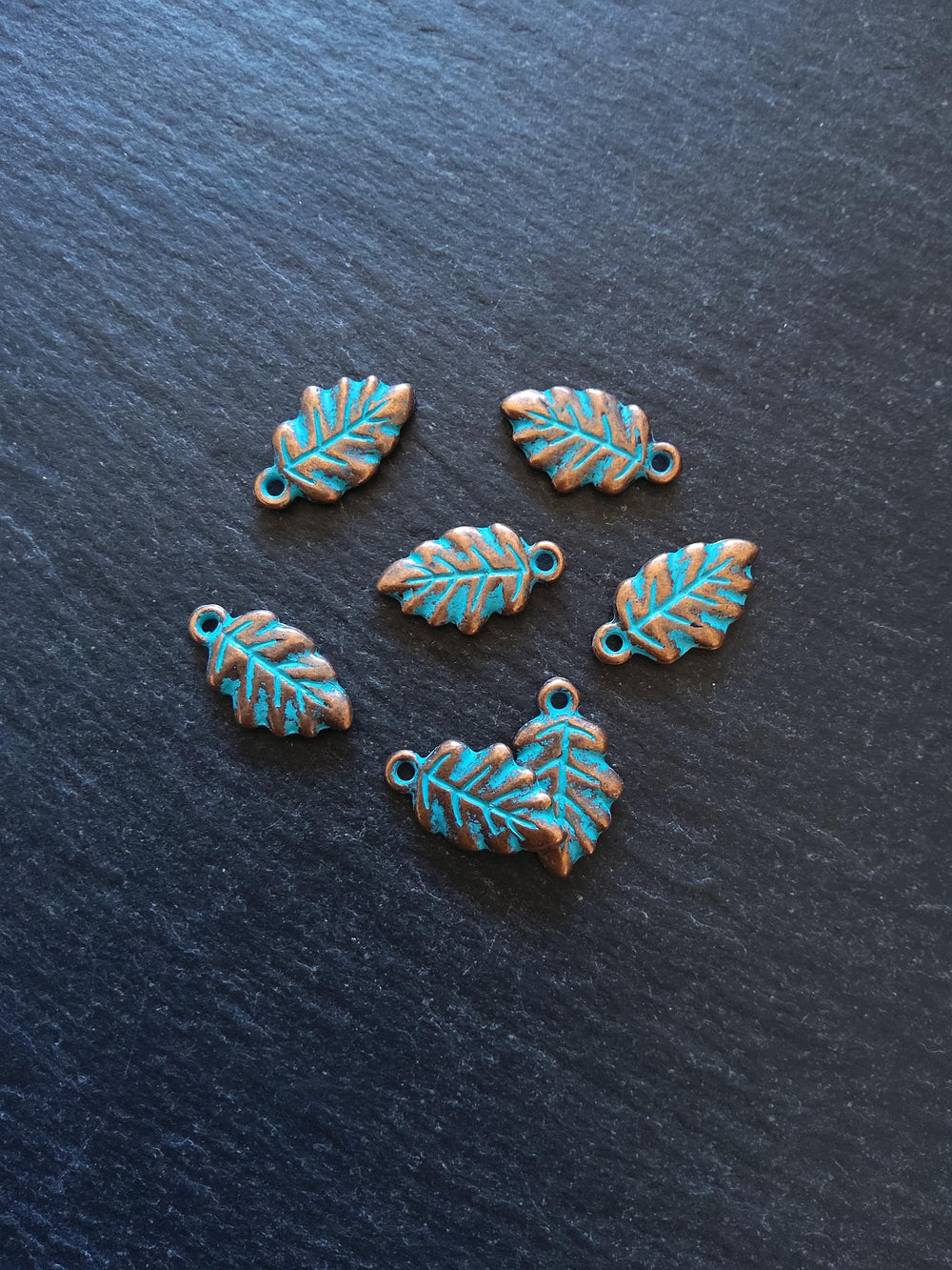 6 or 30 Little Leaf Charms Copper Tone Alloy with Blue Patina 19x11x2mm