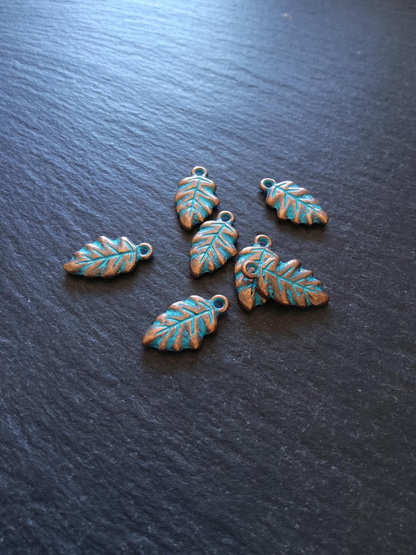 6 or 30 Little Leaf Charms Copper Tone Alloy with Blue Patina 19x11x2mm