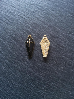 6 or 30 Coffin Shaped Pale Gold Cross Pendant with Black Enamel 26x12mm