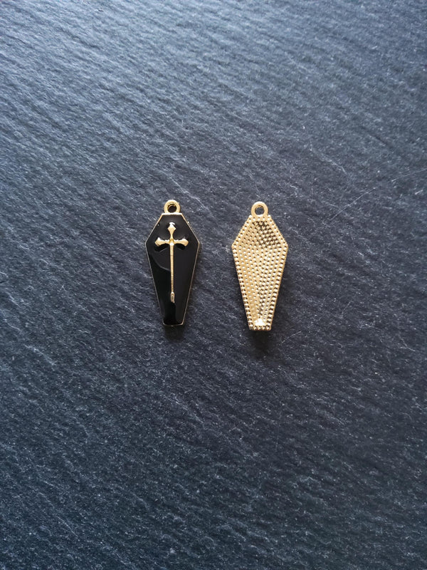 6 or 30 Coffin Shaped Pale Gold Cross Pendant with Black Enamel 26x12mm