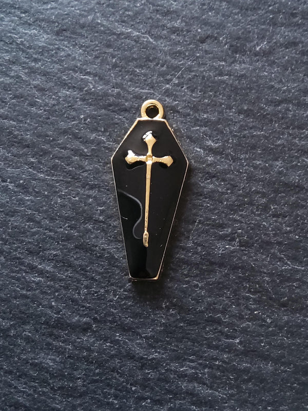 6 or 30 Coffin Shaped Pale Gold Cross Pendant with Black Enamel 26x12mm