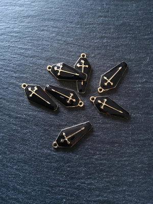 6 or 30 Coffin Shaped Pale Gold Cross Pendant with Black Enamel 26x12mm