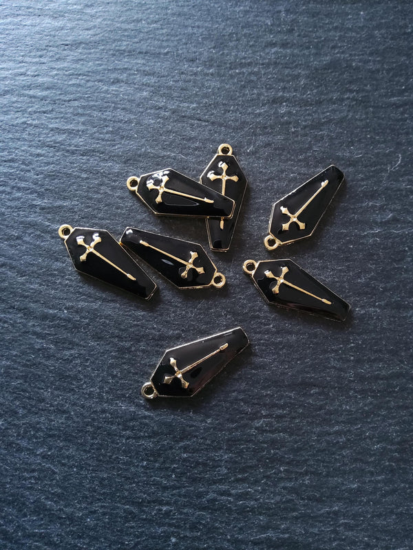 6 or 30 Coffin Shaped Pale Gold Cross Pendant with Black Enamel 26x12mm