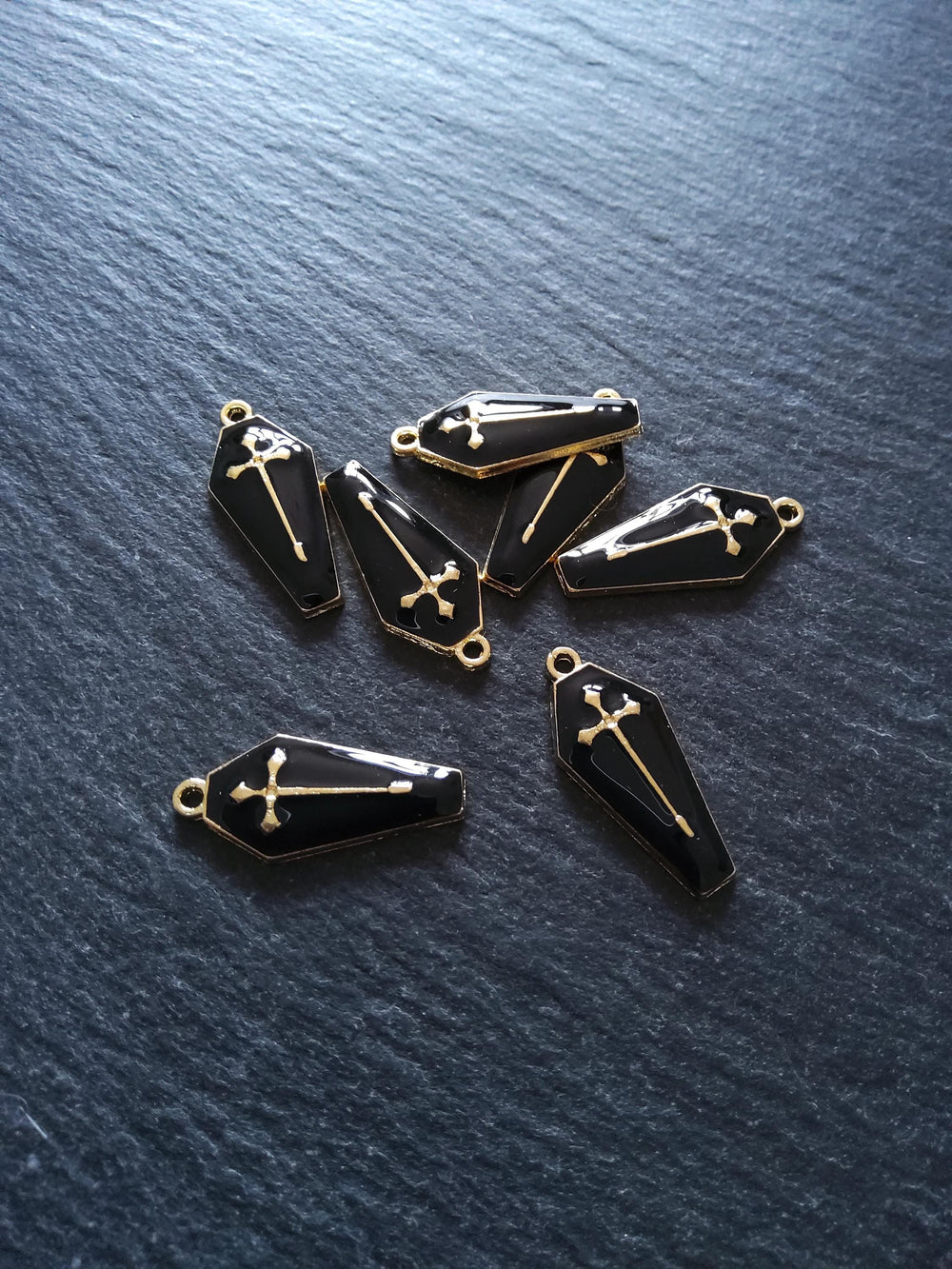 6 or 30 Coffin Shaped Pale Gold Cross Pendant with Black Enamel 26x12mm