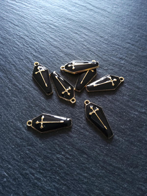 6 or 30 Coffin Shaped Pale Gold Cross Pendant with Black Enamel 26x12mm