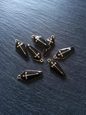6 or 30 Coffin Shaped Pale Gold Cross Pendant with Black Enamel 26x12mm