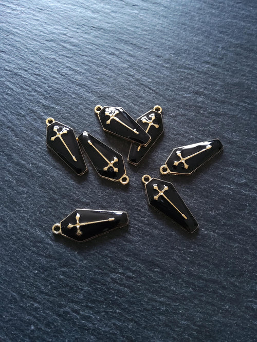 6 or 30 Coffin Shaped Pale Gold Cross Pendant with Black Enamel 26x12mm