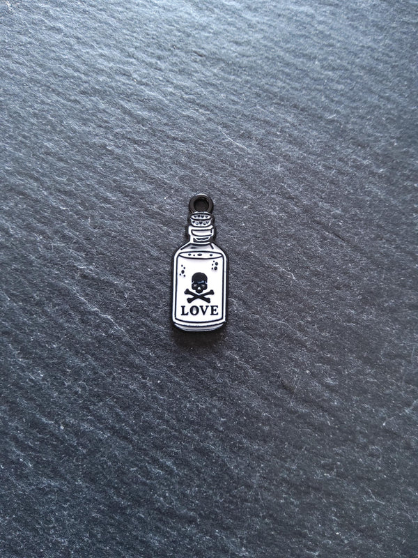 4 or 20 Little Love Potion Bottle Charms Black & White Enamel 23x9.5mm