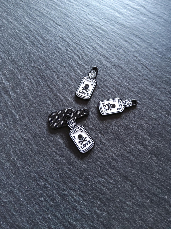 4 or 20 Little Love Potion Bottle Charms Black & White Enamel 23x9.5mm