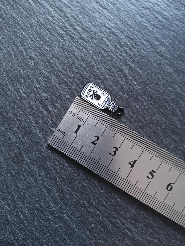 4 or 20 Little Love Potion Bottle Charms Black & White Enamel 23x9.5mm