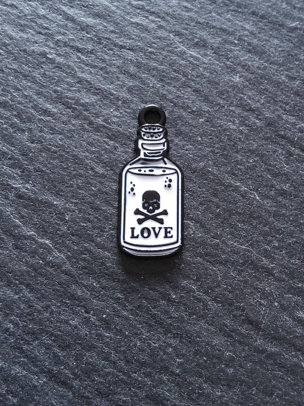 4 or 20 Little Love Potion Bottle Charms Black & White Enamel 23x9.5mm
