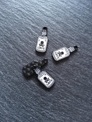 4 or 20 Little Love Potion Bottle Charms Black & White Enamel 23x9.5mm