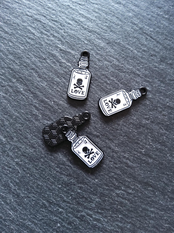 4 or 20 Little Love Potion Bottle Charms Black & White Enamel 23x9.5mm