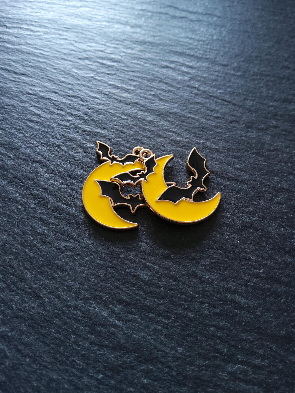 2 or 10 Bat and Moon Pendant Charms Light Gold Tone Alloy with Yellow & Black Enamel 25x24mm