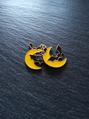 2 or 10 Bat and Moon Pendant Charms Light Gold Tone Alloy with Yellow & Black Enamel 25x24mm