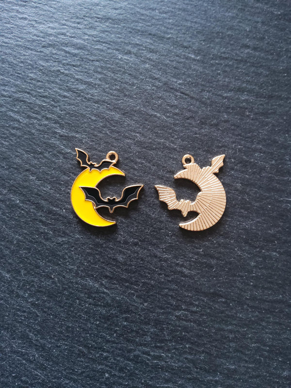 2 or 10 Bat and Moon Pendant Charms Light Gold Tone Alloy with Yellow & Black Enamel 25x24mm