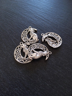4 or 20 Howling Wolf & Celtic Moon Antique Silver Tone Alloy Charms 34x26mm