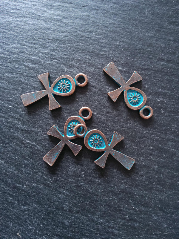 4 or 20 Ankh Charms Antique Copper Tone Alloy with Blue Patina 30x16mm
