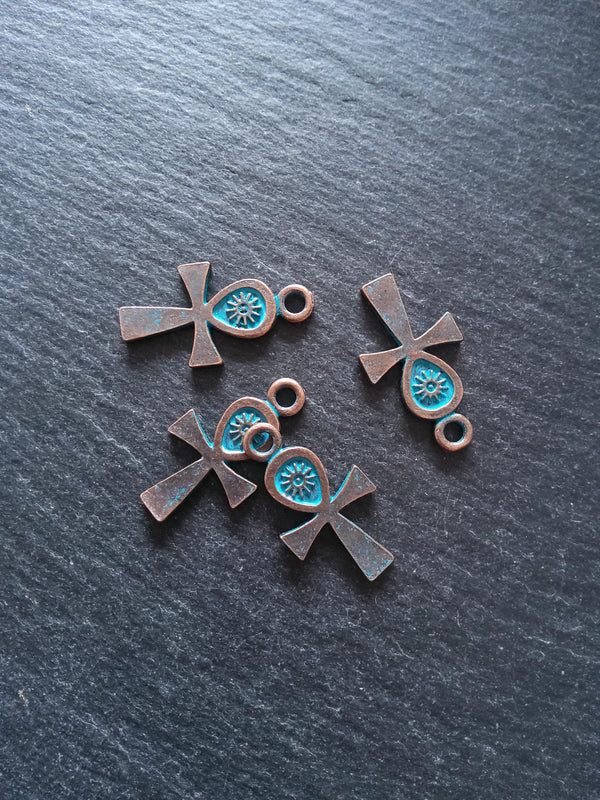 4 or 20 Ankh Charms Antique Copper Tone Alloy with Blue Patina 30x16mm