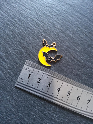 2 or 10 Bat and Moon Pendant Charms Light Gold Tone Alloy with Yellow & Black Enamel 25x24mm