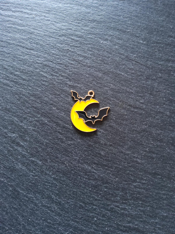 2 or 10 Bat and Moon Pendant Charms Light Gold Tone Alloy with Yellow & Black Enamel 25x24mm