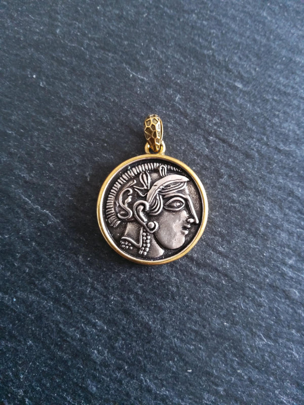 Coin Effect Portrait Pendant Antique Silver & Gold Plated Brass 26x22.5mm