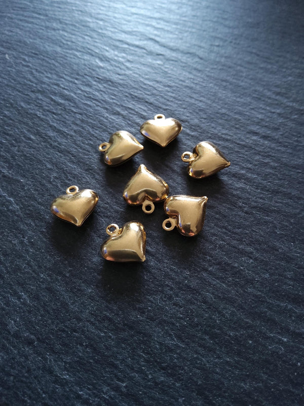 2 or 10 Heart Charms 18K Gold Plated Solid Stainless Steel 13x11.5x4.5mm
